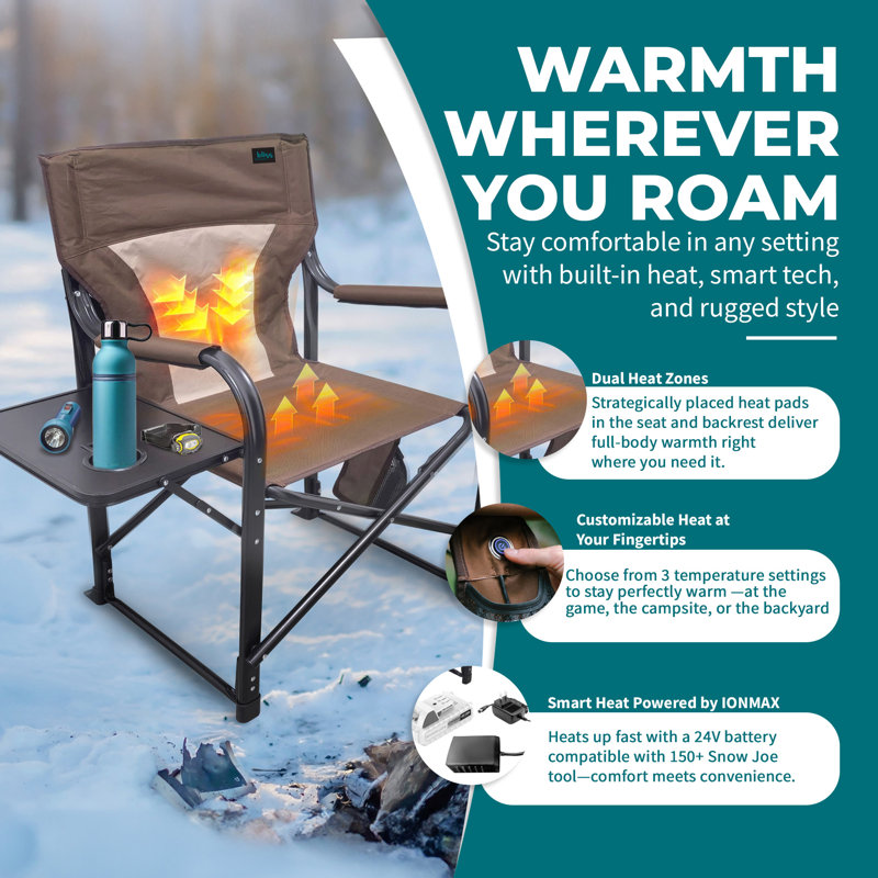  24V Heated Seat, Folding Chair w/Battery & 3 Heat Settings, Brown, Brown