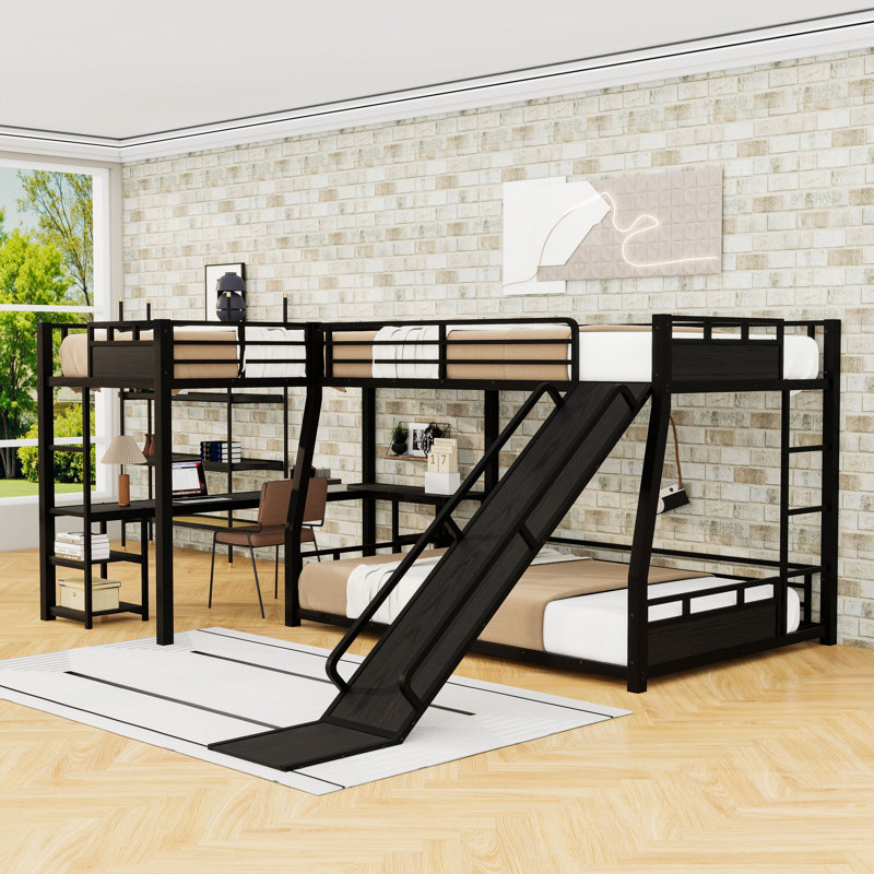 Lit superposé en L en métal avec tablettes et bureau, Simple TG et Double TG Over Grand