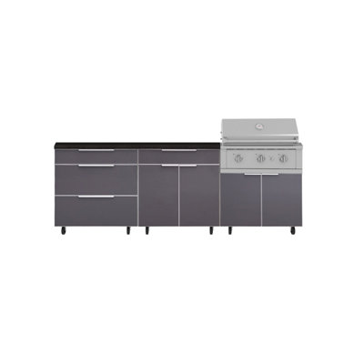 Ensemble de cuisine extérieure en aluminium gris ardoise, 5 pièces, avec roulettes et 3 tiroirs, comprenant un bar, un meuble barbecue, un barbecue haute performance au propane de 84 cm et un comptoir en pierre reconstituée noire de 163 cm.