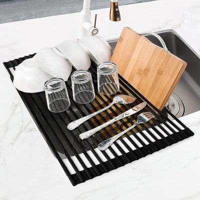 Égouttoir à vaisselle en silicone enroulable au-dessus de l'évier et tapis, égouttoir pliable multi-usage antidérapant pour l'organisation du comptoir de cuisine