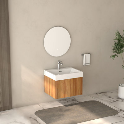 Meuble-lavabo mural de 24 po avec lavabo, armoire de salle de bain flottante murale avec finition en contreplaqué de bassin intégré, design minimaliste moderne pour salle de bain compacte en acacia