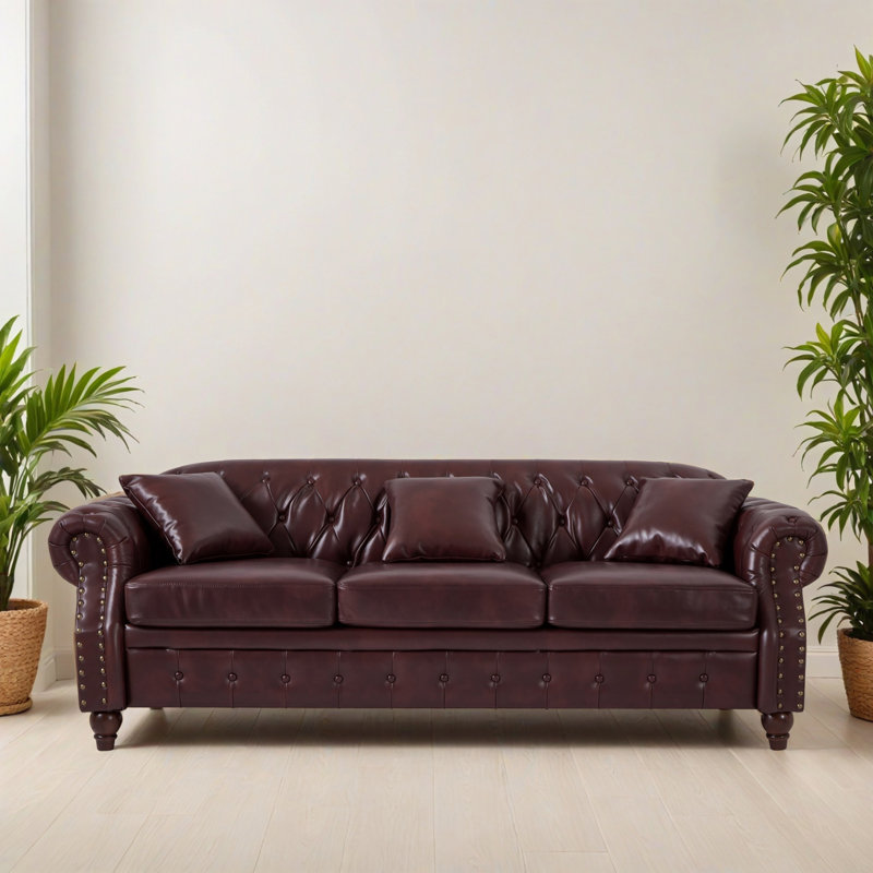 Canapé rembourré en similicuir 85,81 po Chesterfield, Bourgogne