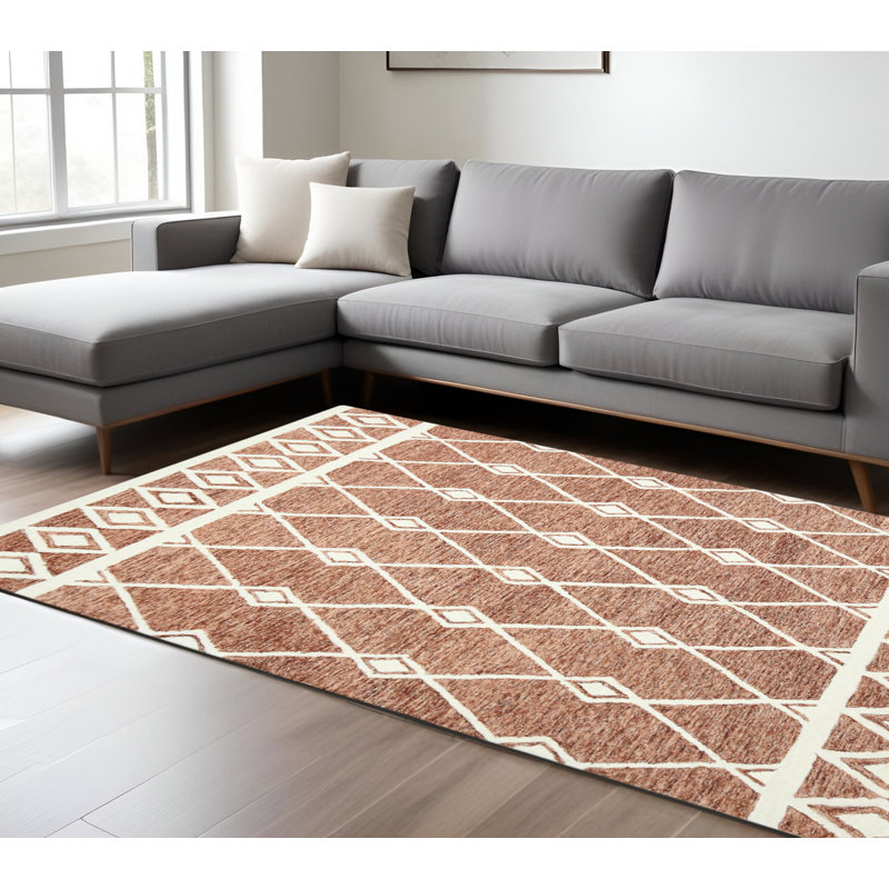 Tapis crocheté à la main argyle en laine 9 pi x 13 pi rouille et ivoire