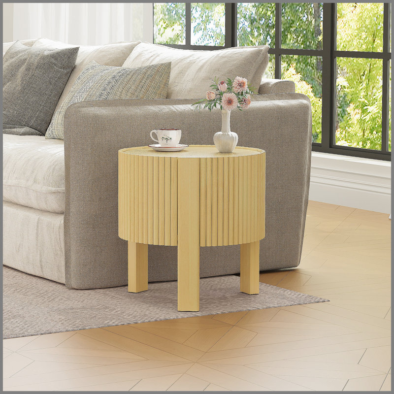 Table d'appoint ronde cannelée avec rangement pour le salon, bois d'hévéa massif, porte à fermeture en douceur, naturel, 19,6 po