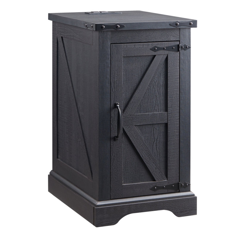 Rasema Farmhouse End Table with Charging Station, Wood Nightstand with Barn Door, Adjustable Storage Shelf, Black