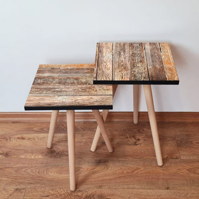 Rustic Nesting Table Set (2 Pieces), Brown & Camel, 13.8 x 18.5 x 13.8 inches | 100% MDF with Beech Wood Legs, Thickness: 0.7 inches | Stylish & Functional for Living Room & Home Decor, Space-Saving Design