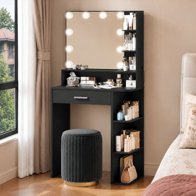 Petit bureau de coiffeuse 26,4 "avec miroir lumineux, 3 modes de couleurs, tiroir et rangement à 6 niveaux, noir