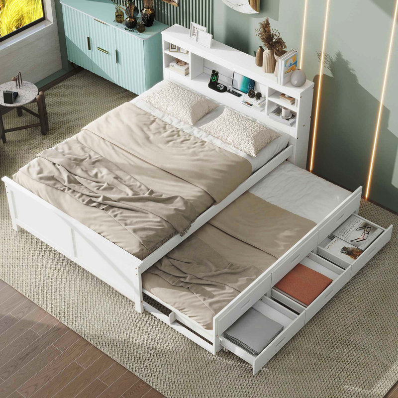Lit plateforme double avec tête de lit, chargement USB, lit gigogne simple et 3 tiroirs, blanc, Lit double