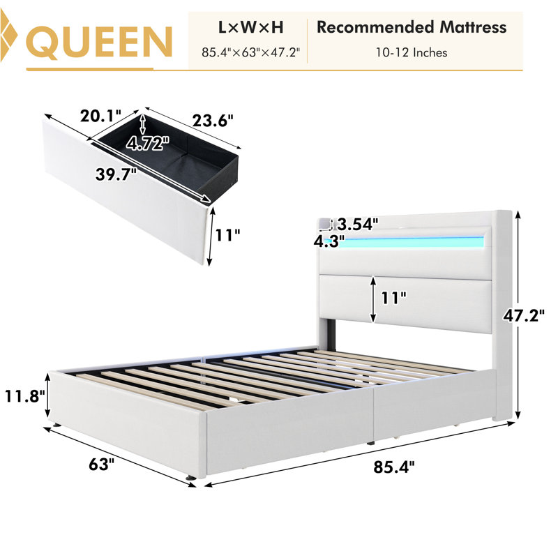 Berneil Upholstered Queen Bed Frame with RGBW LED Lights Headboard & 4 Storage Drawers,  White, Queen, Cream