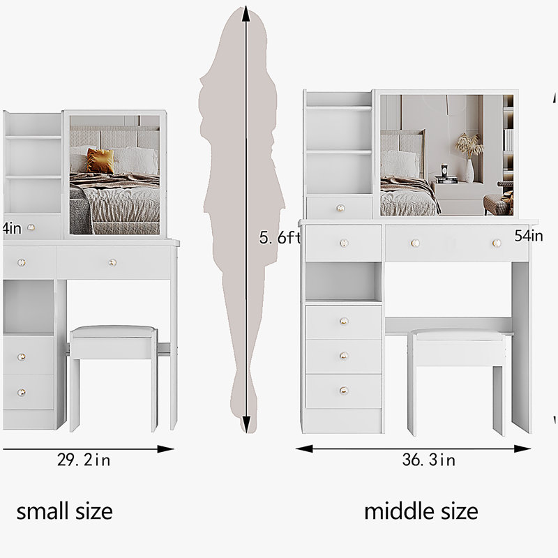 Petit meuble-lavabo de 29,2 po avec tiroir à gauche et tabouret rembourré, très grand miroir coulissant à droite, rangement multi-couches à grande capacité, commode pratique et pratique, convient aux petits espaces