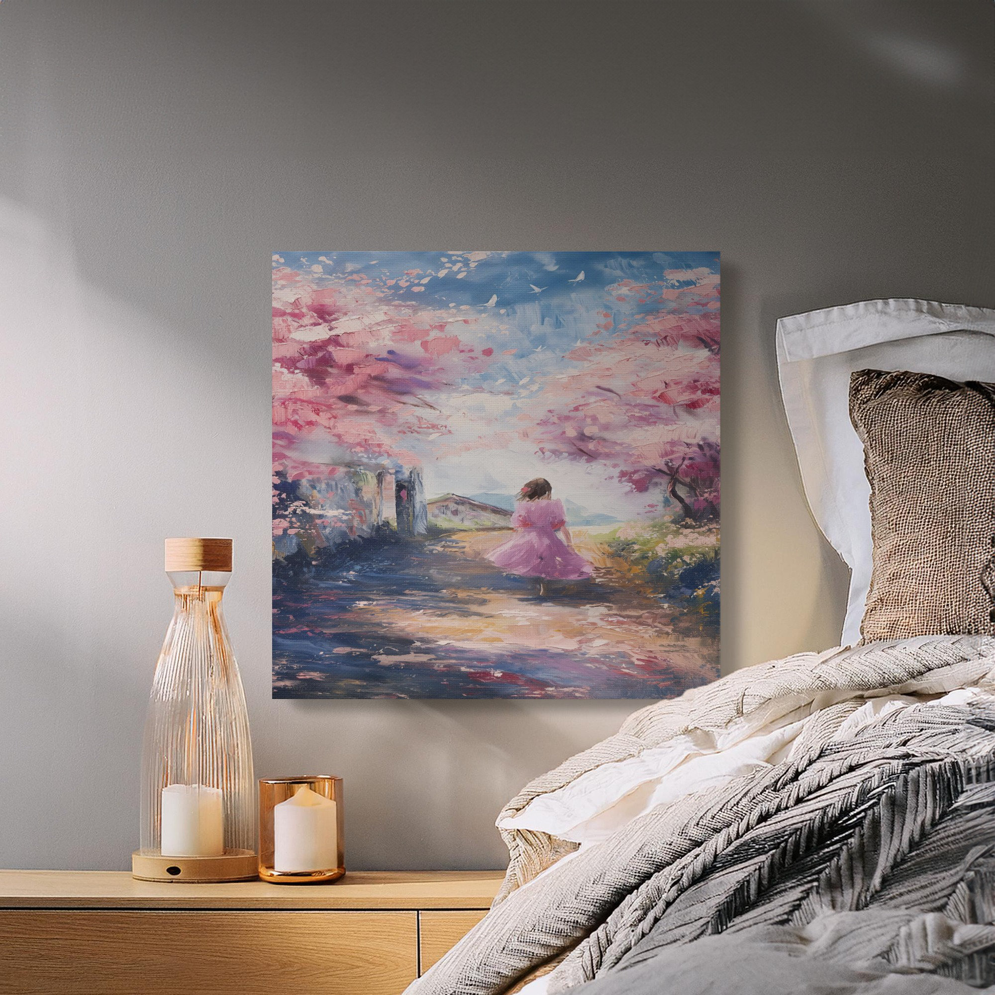 Lark Manor Cherry Blossom Canvas Wall Art, Girl in Pink Dress, Gallery ...