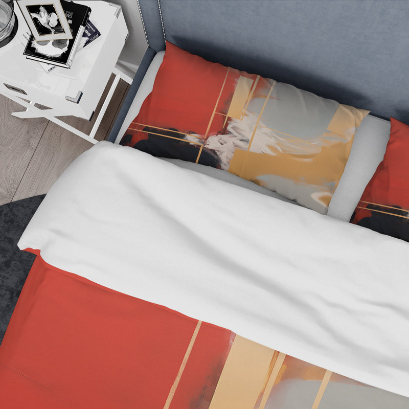 Ensemble de housse de couette jaune et rouge, Housse de couette pour grand lit et 2 taies décor
