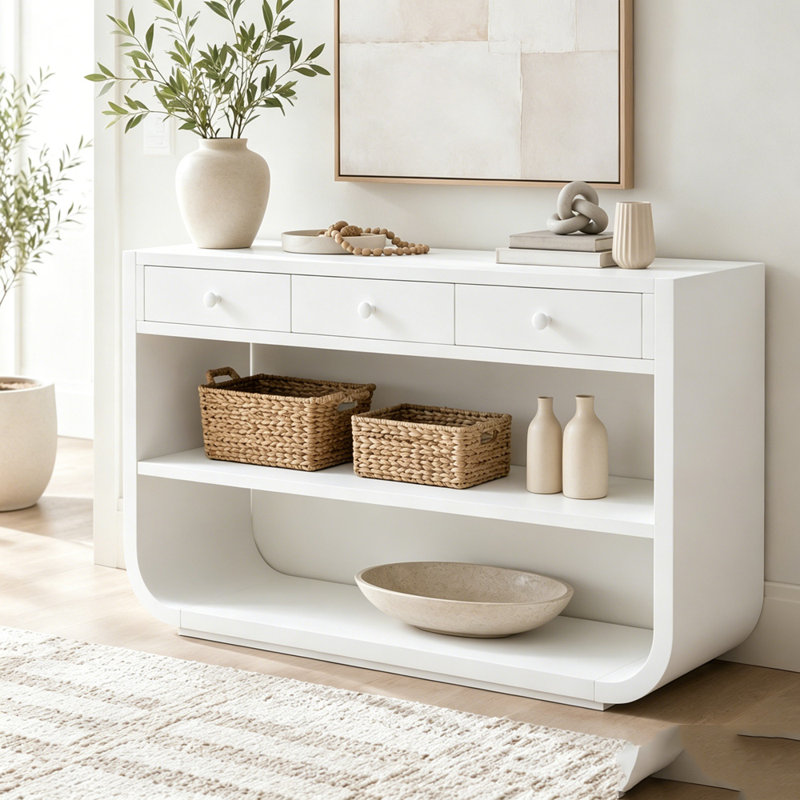 Console moderne avec 3 tiroirs à fermeture en douceur et 2 tablettes ouvertes, Blanc