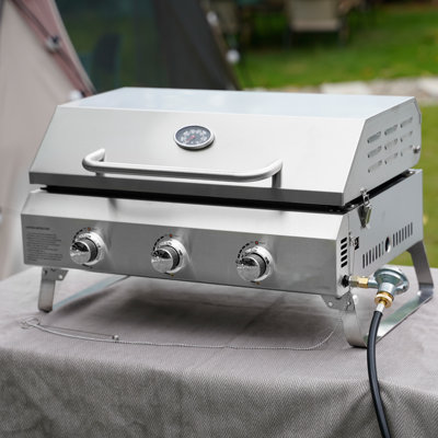 Plaque chauffante au gaz à dessus plat avec pieds pliables, plaque chauffante au propane en acier inoxydable à 3 brûleurs, plaque chauffante portable de 24 po