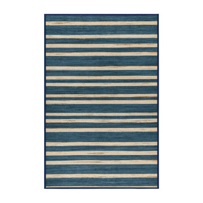 Washable Sea Blue Cream Striped Area Rug