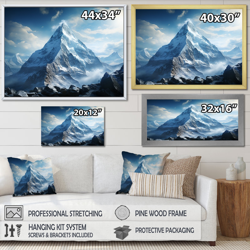 Gris, montagnes enneigées, sommet de l'Everest - paysage de montagnes, art mural, Cadre d'angle fermé doré