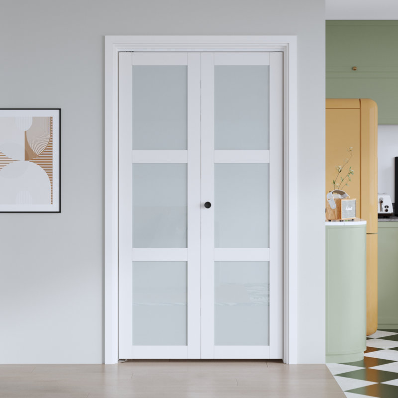 Frosted Glass And Solid Manufactured Wood Bi-Fold Door With Installation Hardware Kit, 42" x 80", 2, White
