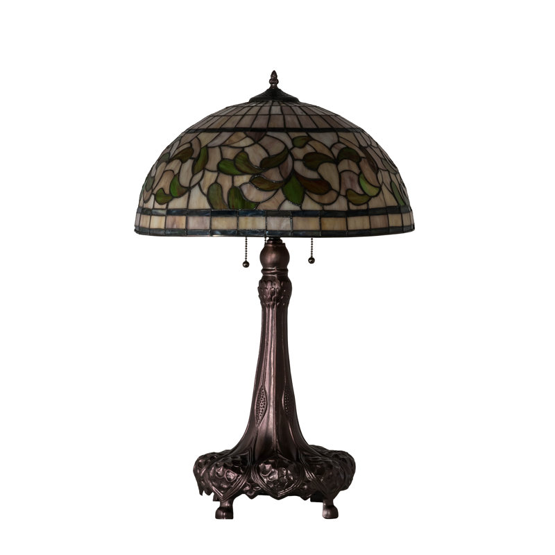 31" Mahogany Bronze Stained Glass Table Lamp with Green and Beige Shade