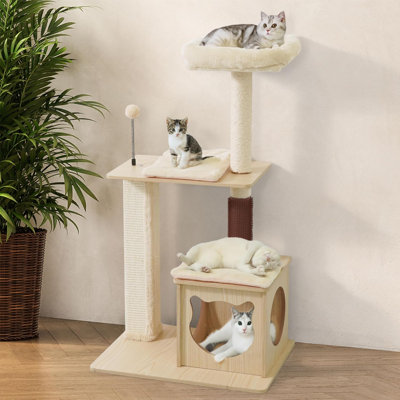 Arbre à chat de 42 pouces à plusieurs niveaux avec grotte et perchoir supérieur, tour de chat en bois pour chats d'intérieur avec chatouillis de toilettage, poteaux à griffer, coussin amovible, boules interactives