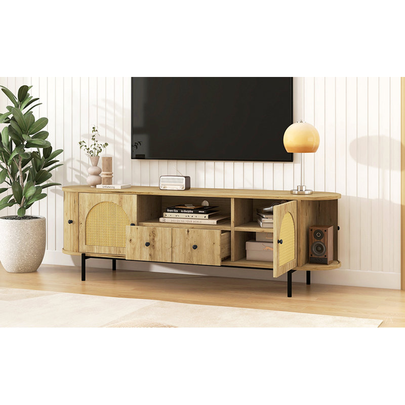 Meuble télé de style américain avec portes arquées en rotin, tiroirs, rangement dissimulé, pieds en acier, coins arrondis