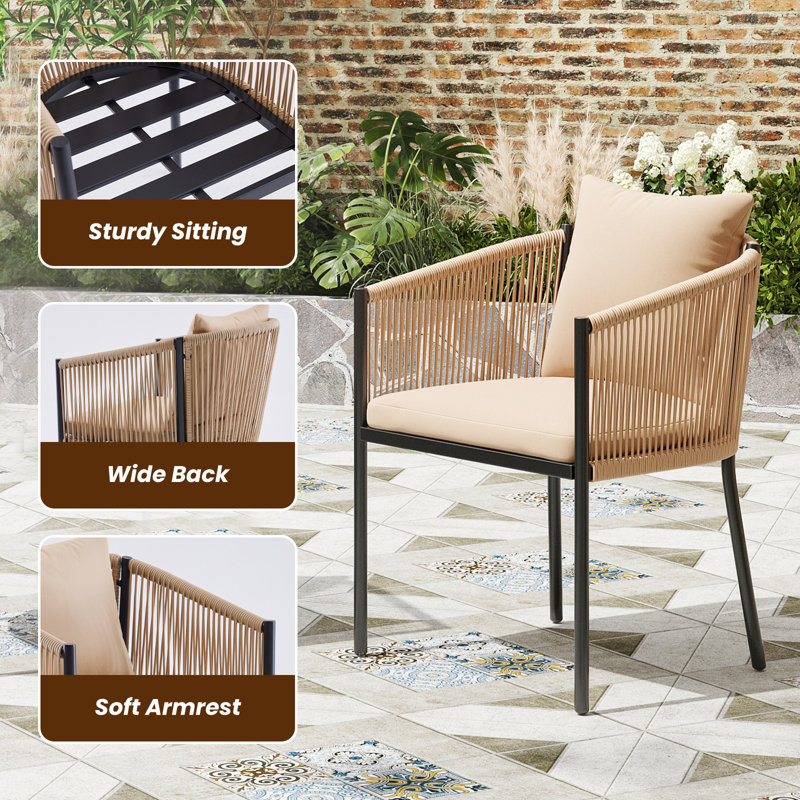 6 Person Wicker Outdoor Dining Set, Beige Cushion/Brown Frame