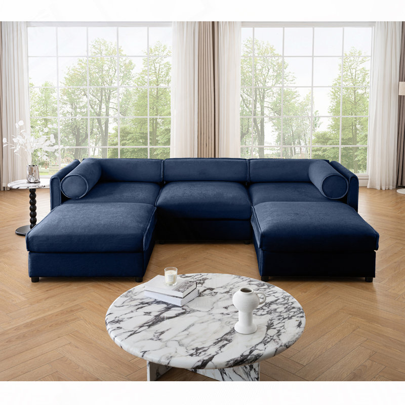 Canapé en chenille à 3 places et 2 repose-pieds, Bleu