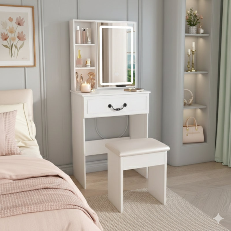 Mini coiffeuse moderne avec miroir à DEL et rangement caché. Comprend un tabouret rembourré, un bureau de meuble-lavabo à luminosité réglable avec des tablettes à plusieurs niveaux et à l'épreuve de la poussière, en blanc.