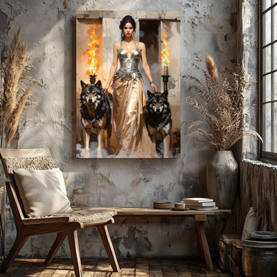 Wall Art Canvas Warrior Queen And Wolves Canvasmythic Fantasy Regal Portrait Ready To Hang Gallery Wrapped Home Decor Modern Design
