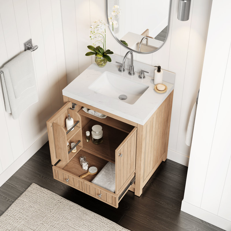 Meuble-lavabo 30 po avec comptoir en quartz blanc Thassos Aula, Chêne naturel nordique