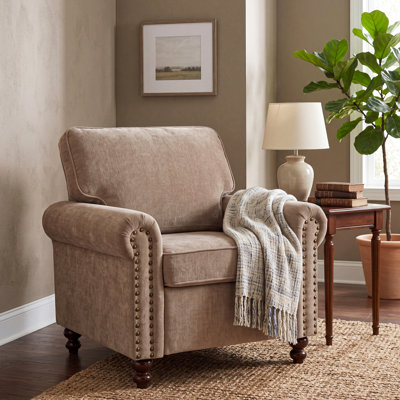 37" Nailhead Armchair, Rolled Arms Single Sofa Chair for Living Room, Mid-Century Modern Comfy Reading Chair, Brown