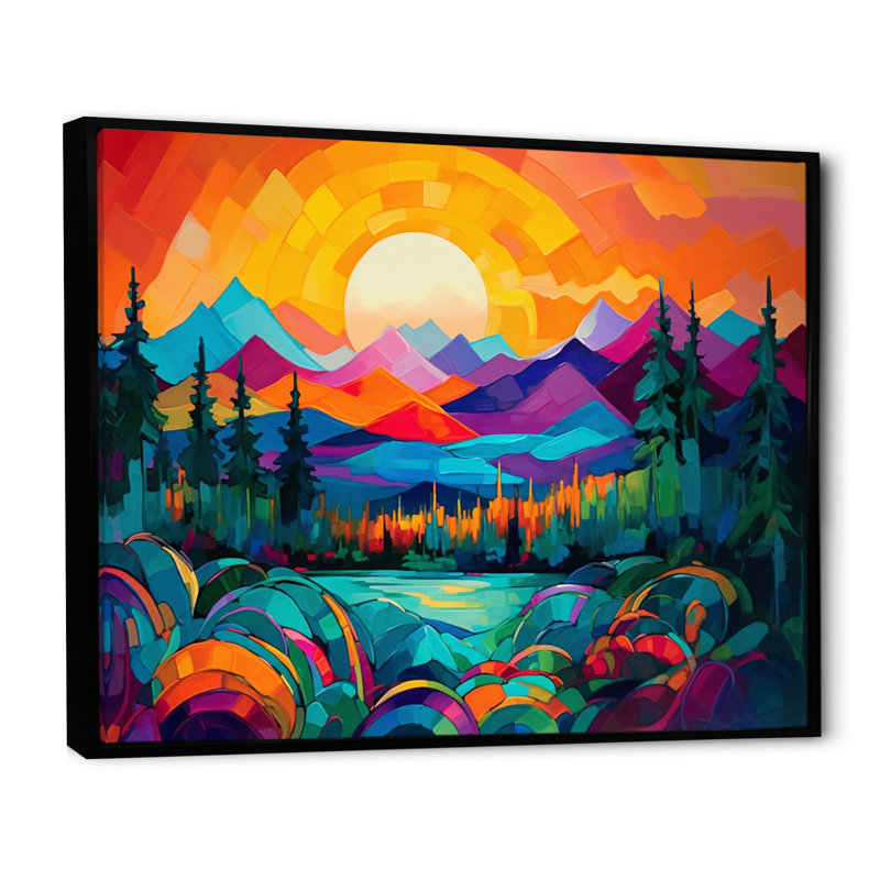 «Vibrant Sunset Shining Over Mountains II», art sur toile, H 24 po x l 32 po x P 1 po, Cadre flottant noir