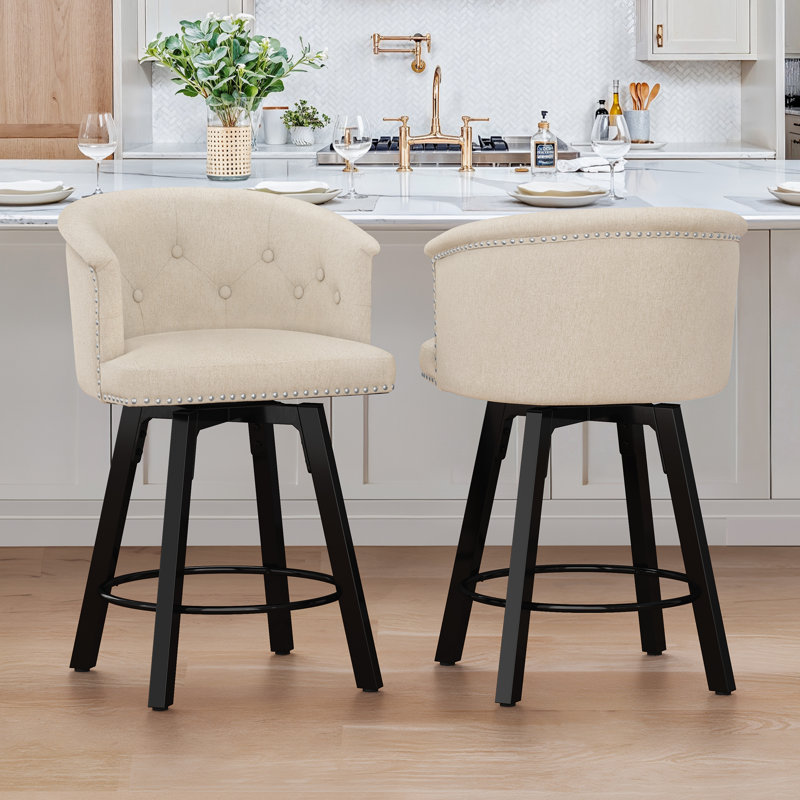Swivel Upholstered Counter Stool With Metal Frame,, Linen
