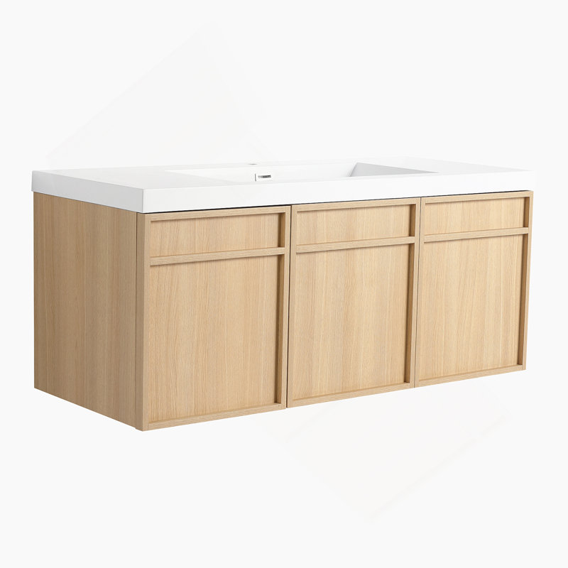 48" Wall-Mounted Bathroom Vanity with Resin Sink, 3-Soft Closing Door, Original Oak, Plywood  (KD-PACKING)