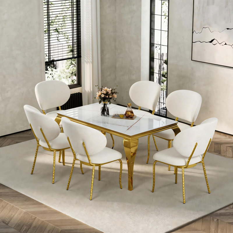 Ensemble de table de salle à manger en verre 63 "pour 6 personnes Amina, blanc et or avec 6 chaises de salle à manger rembourrées Boucle