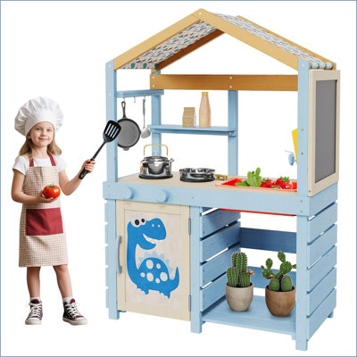 Cuisine de boue extérieure pour enfants, cuisine de jeu en bois avec auvent, évier et robinet amovibles, tableau noir à double face, tablettes de rangement et cuisinière, ensemble de jeu en bois de sapin pour enfants de 4 ans et plus