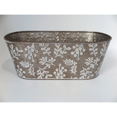 Embossed White Holly Berries On Metal Planter