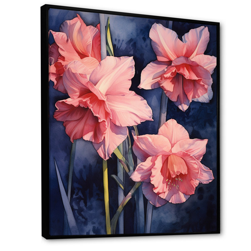 «Pink Blue Daffodils Natures Impression» sur toile, Cadre flottant noir, H 20 po x l 12 po x P 1 po
