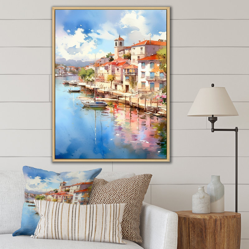 Sunny Port In Italy sur impression sur toile, Cadre naturel flottant, H 32 po x l 24 po x P 1 po