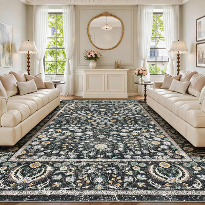 10x13ft Washable Plush Area Rug with Printed Pattern Design, Soft Shag Living Room Carpet with Non-Slip Rubber Backing, Large Bedroom Floor Mat for Home Decor Family Space, Green