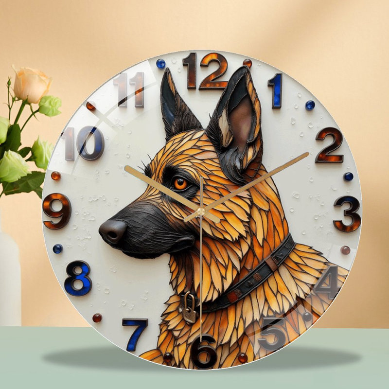 Horloge murale silencieuse en verre trempé de 30 cm, motif berger allemand, sans tic-tac, fonctionne avec des piles AA (non incluses), décoration artistique pour la maison.