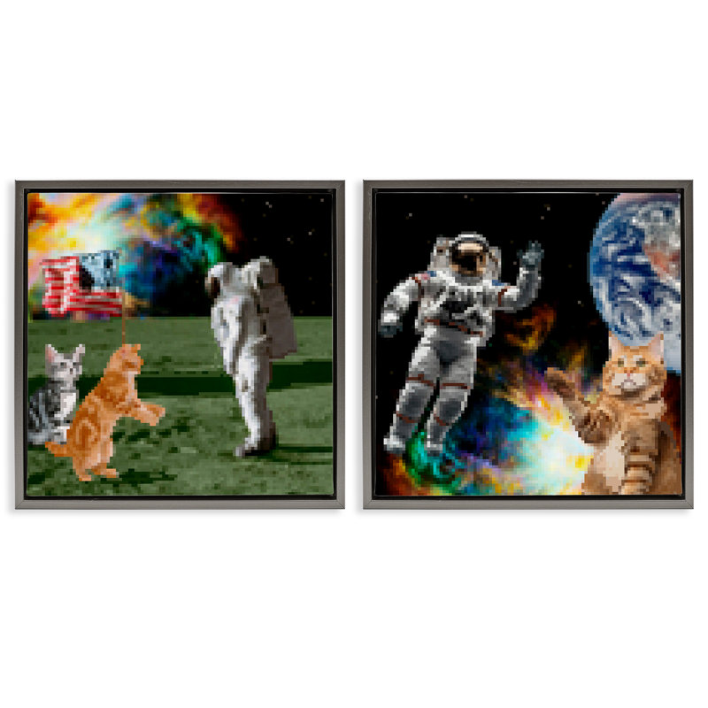  Chats et astronautes dans l'espace, ensemble de 2 toiles flottantes encadrées par June Erica Vess, H 25 po x l 25 po