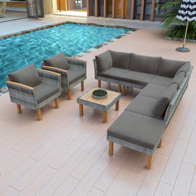 GO 9-Piece Patio Rattan Furniture Set, Outdoor Conversation Set With Acacia Wood Legs And Tabletop, PE Rattan Sectional Sofa Set With Coffee Table, Washable Cushion, Gray