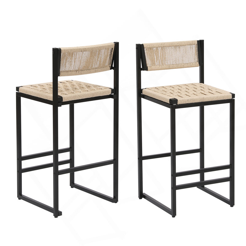 Ensemble de 2 tabourets de bar tissés avec dossier en corde de papier tissé pour îlot de cuisine (style B noir et blanc crème)