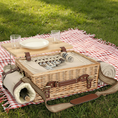 Ensemble de panier de pique-nique en saule naturel de couleur naturelle, comprenant une couverture, une table de pique-nique et de la vaisselle complète. Isolé et portatif, idéal pour le camping en plein air en couple.