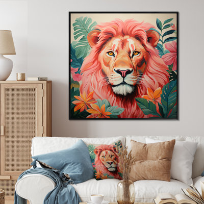 Décoration murale lion rose et vert en forêt I - Lion