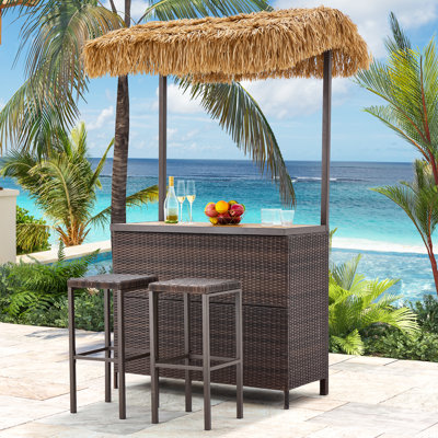 Outdoor Tiki Bar Set, Wicker Patio Bar w/2 Stools, Storage Shelf for Backyard Poolside Garden