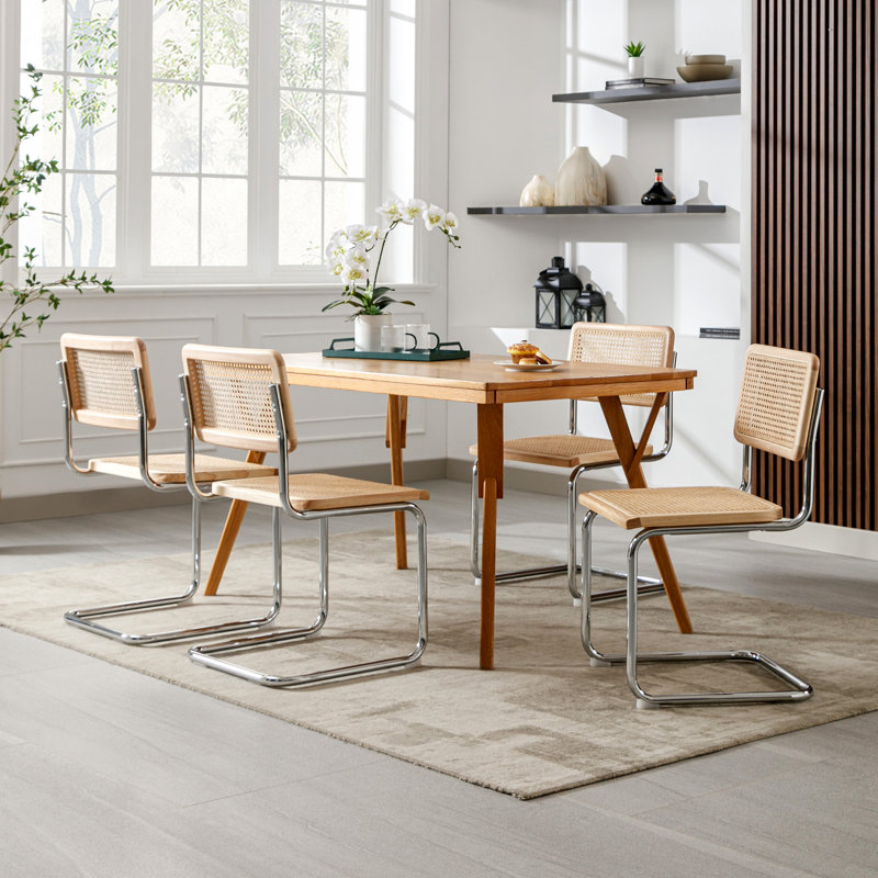 Crumley 18.1" H Mid-Century Modern Rattan Dining Chairs with Rattan Cane Backrest, Natural, Chrome