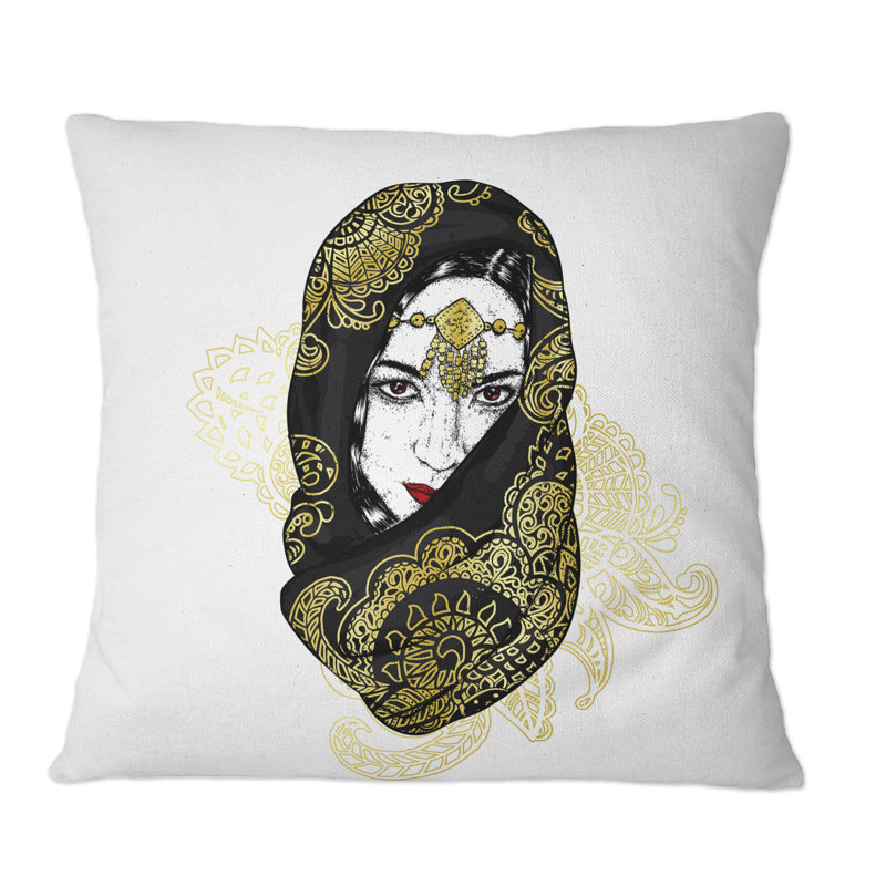 Portrait d'une fille orientale en écharpe - Coussin décoratif imprimé moderne, 18 po x 18 po