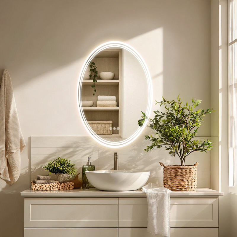 LED Oval Bathroom Mirror With Lights Vanity Mirror, With Dimmable Anti Fog Function, 28" x 20", Oval