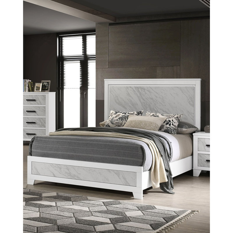 Lit contemporain de couleur blanche avec magnifique panneau imitation marbre HB FB, Grand lit